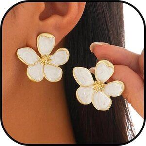 Pearl Flower Earrings for Women Chunky Gold Floral Statement Trendy Jewelry